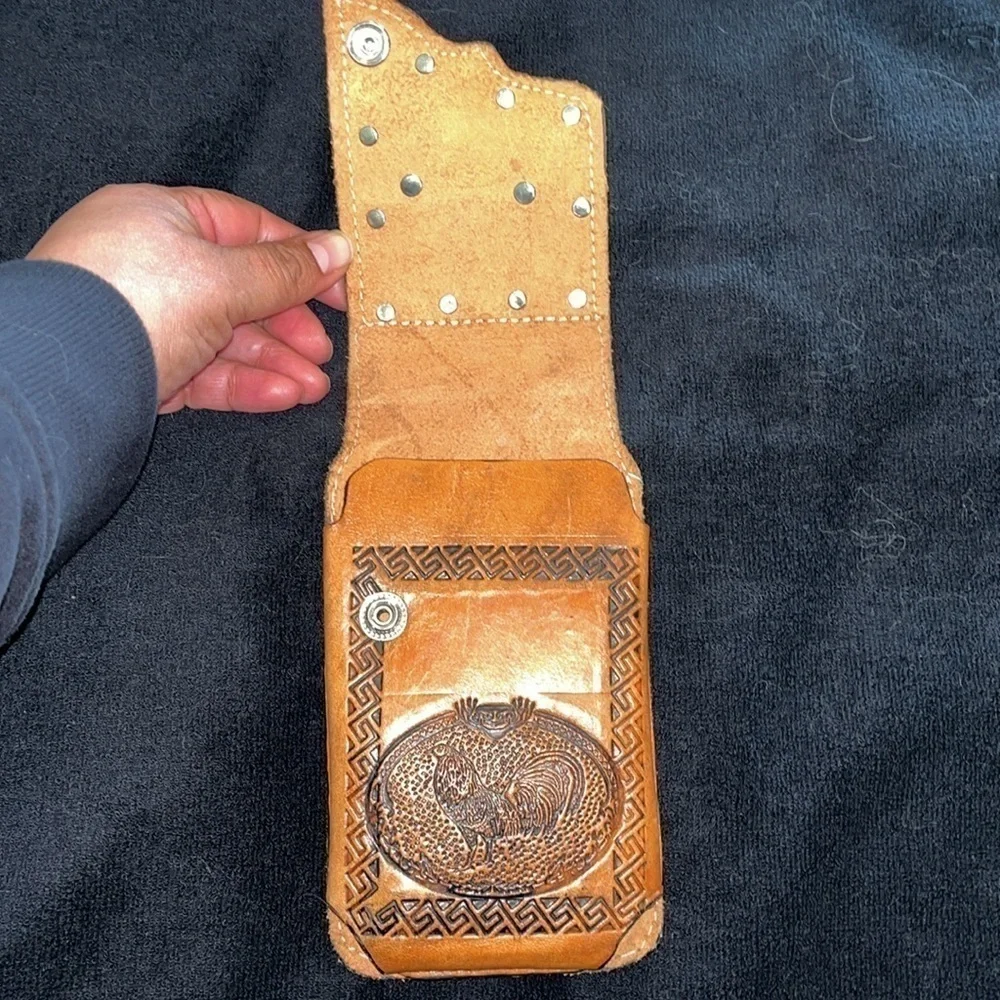 Handmade Cowboy Belt Loop Bag Carved Leather Rooster Wild West